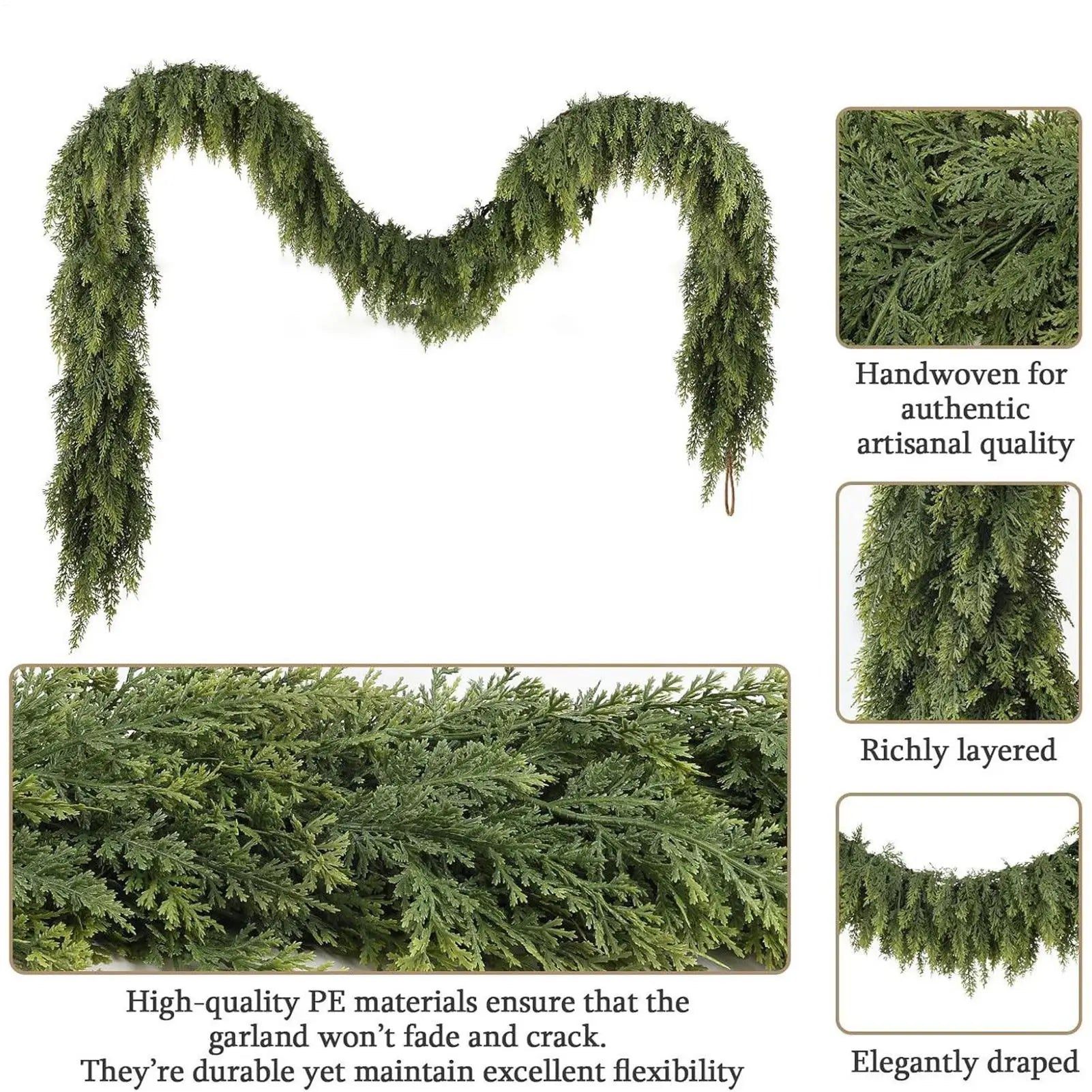 Realistic Christmas Cedar Garland Greenery Decor for Fireplace Stair Window Door Holiday Party Home Festival Decoration