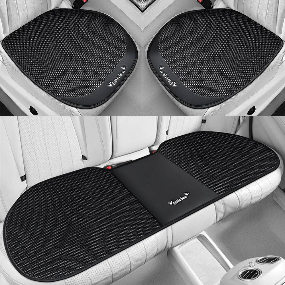 3pcs, Breathable Car Seat cushion - PU Leather + Cool Ice Rattan Weave, Playful Embroidery