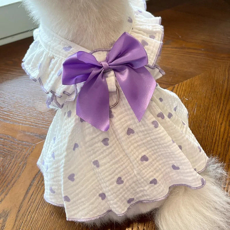 Summer  Dog Cooling Dress Thin Bow Heart Print Dog Clothes Pet Skirt Kitten Puppy Costume Chihuahua Bichon Yorkie Girls Dog Vest