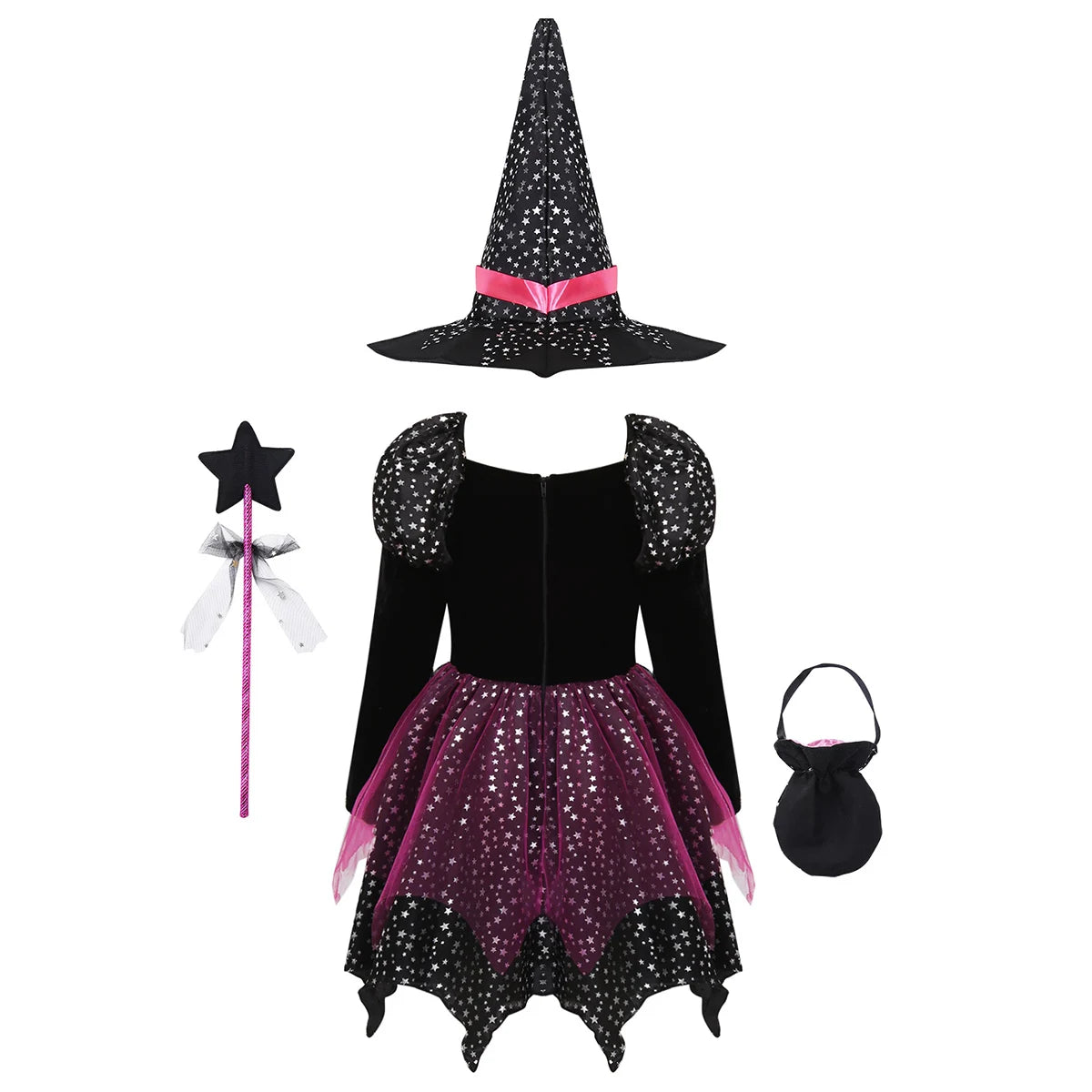 God Mother Fairy Dress with Witch Hat Wand Bag Girls Halloween Costume Witch Cosplay All Saint's Day 4Pcs Wizard Vestidos Suit