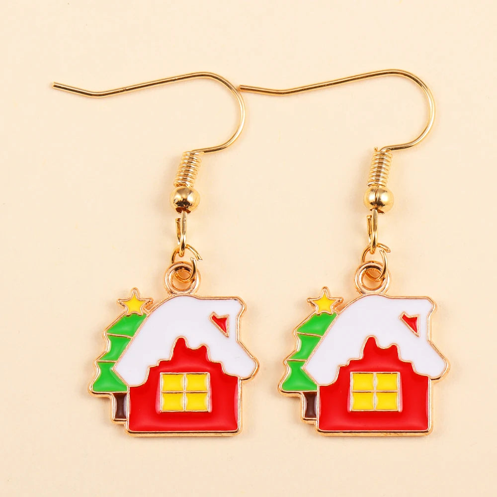 2Pairs Cute Christmas Set Earring Alloy Enamel Bell Snowflake Snowhouse Design Earrings - Perfect Holiday Jewelry Gift