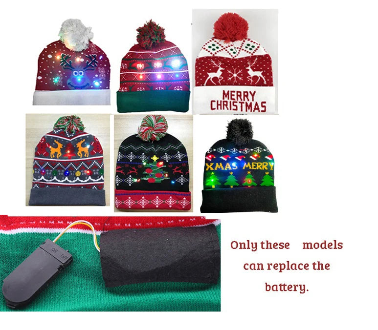 NEW 50 Designs LED Christmas Hats Beanie New Year Knitted Illuminate Warm Hat Christmas Tree Snowman Kids Adults Hat