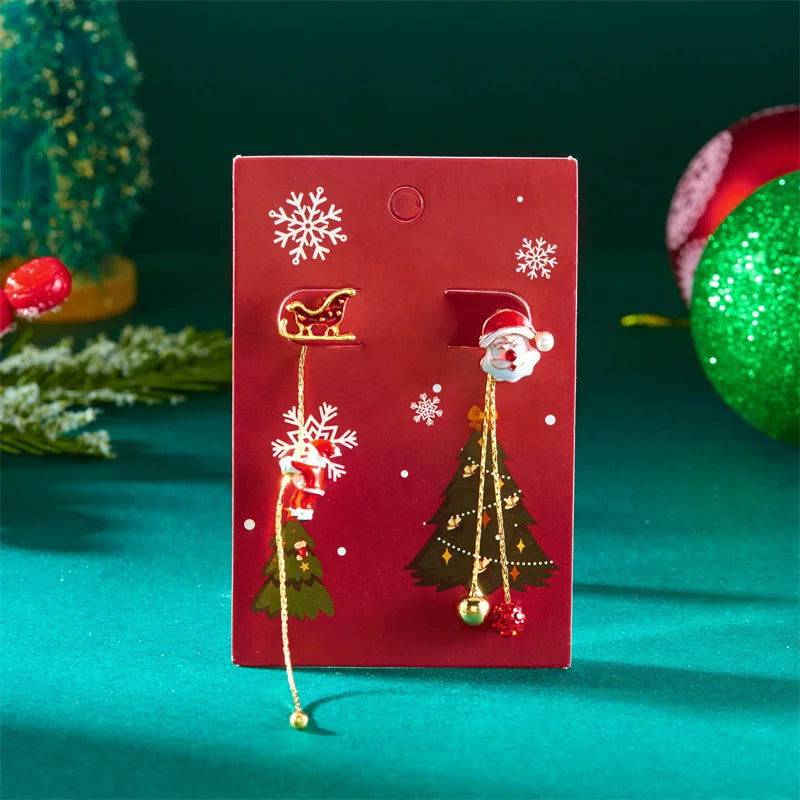Moving Santa Claus Tassel Dangle Earrings For Women Christmas Tree Snowflake Asymmetric Long Chain Earring New Year Jewelry Gift