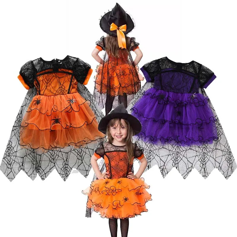 Baby Halloween Costume Girls Princess Spider Mesh Dress Children Vampire Performance Elegant Clothes Witch Dresses 1-6 Y