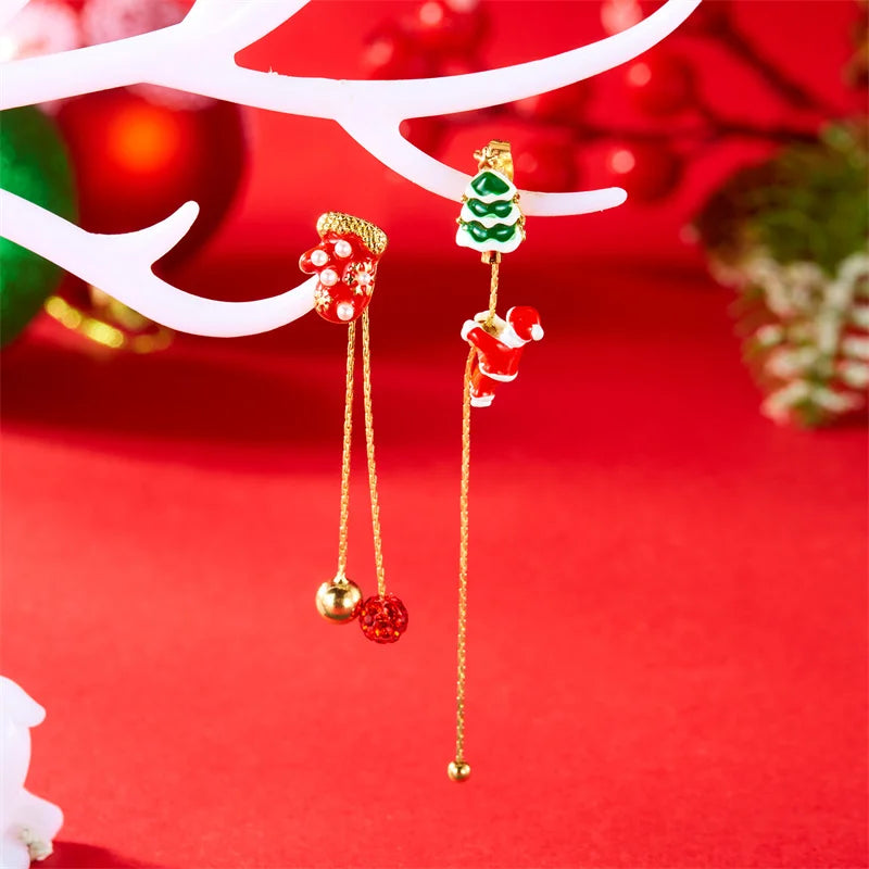 Moving Santa Claus Tassel Dangle Earrings For Women Christmas Tree Snowflake Asymmetric Long Chain Earring New Year Jewelry Gift