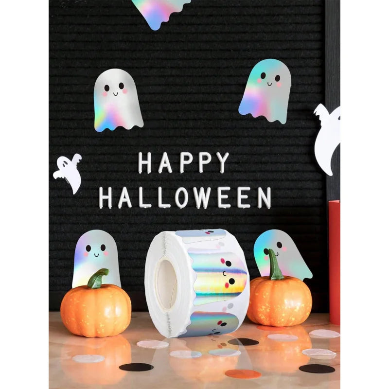 500pcs Holographic Halloween Ghost Stickers, Laser Cute Boo Ghost Waterproof Adhesive Stickers For Envelope, Magazine