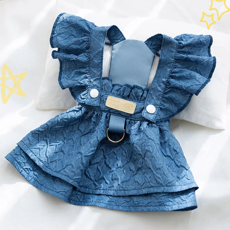 Dog Girl Dresses for Dogs Puppy Spring Clothes with Leash Ring Flying Sleeves Summer Cat Outfits Blue One Piece Chihuahua Appare