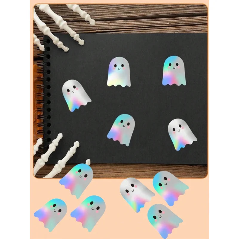 500pcs Holographic Halloween Ghost Stickers, Laser Cute Boo Ghost Waterproof Adhesive Stickers For Envelope, Magazine