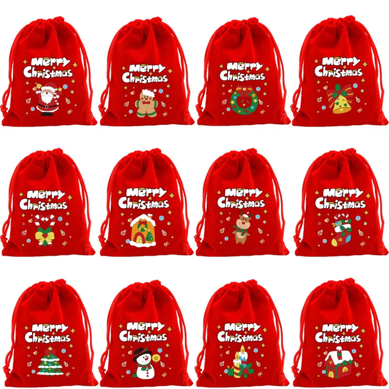 20pcs Xmas Velvet Bags Small Candy Gift Bag Drawstring Pouch Christmas Party Favor Boutique Jewelry Packaging Bags 2024 New Year