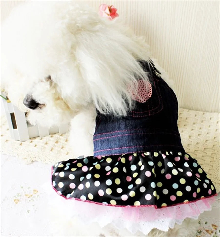 Denim Dot Dog Dress, Summer Pet Clothes, Wedding Skirt, Spring