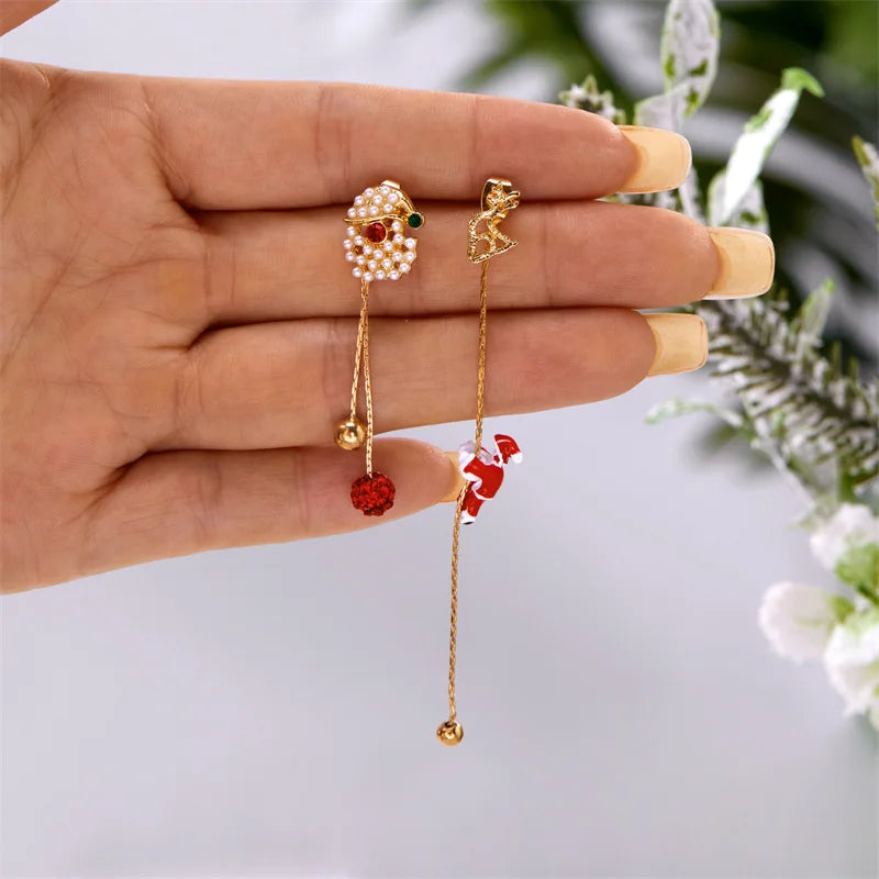 Moving Santa Claus Tassel Dangle Earrings For Women Christmas Tree Snowflake Asymmetric Long Chain Earring New Year Jewelry Gift