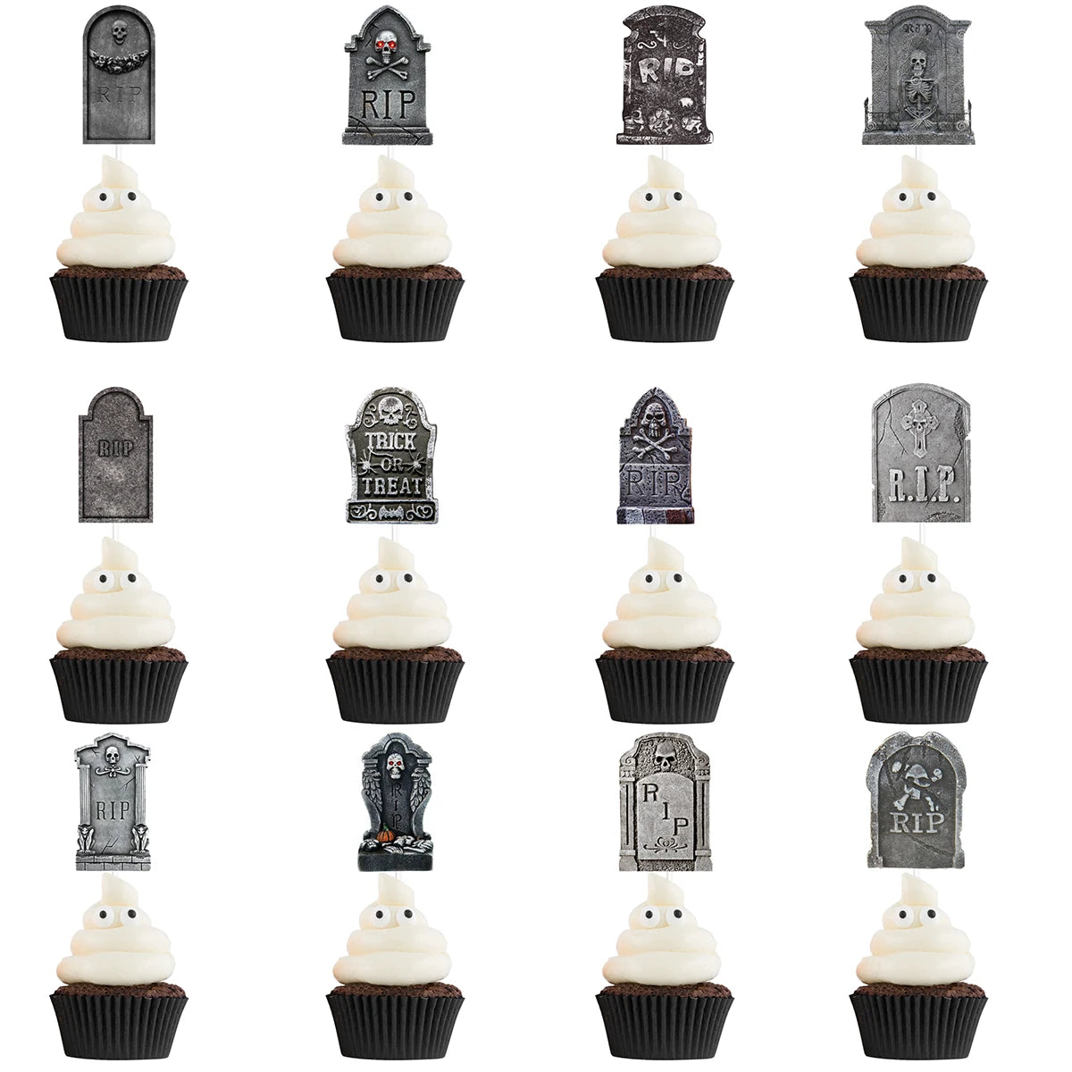 12/24pcs Halloween Scary Tombstone Cupcake Toppers Skeleton RIP Graveyard Cake Topper Decorations Halloween Birthday Party Decor