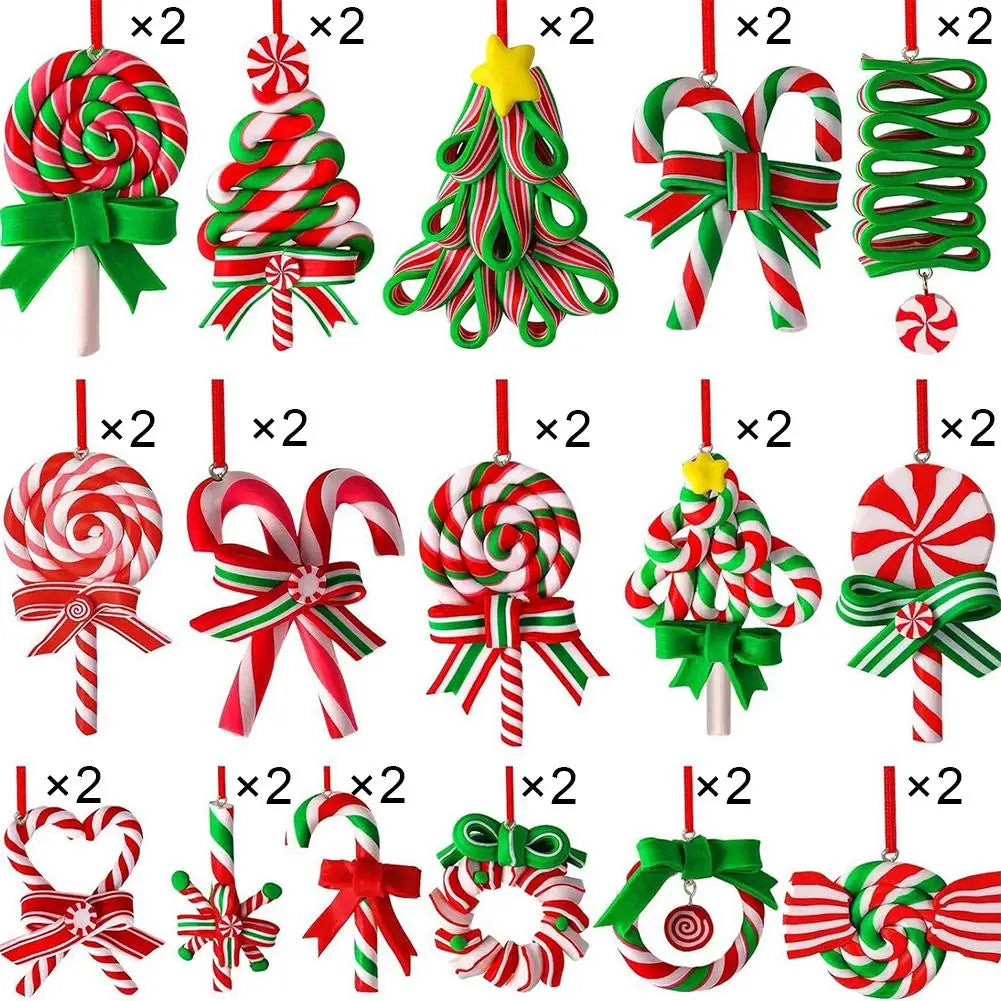16/32Pcs Christmas Lollipop Ornaments Colorful Wood Candy Cane Hanging Decoration Polymer Clay Peppermint Pendants For Xmas Tree