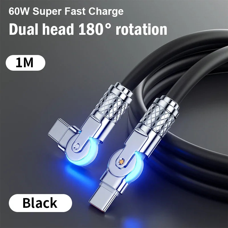 60W PD USB C To Type C Cable Elbow 180 Degree Rotation Super Fast Charge For Samsung S24 S23 S22 Ultra Huawei Laptop Data Sync