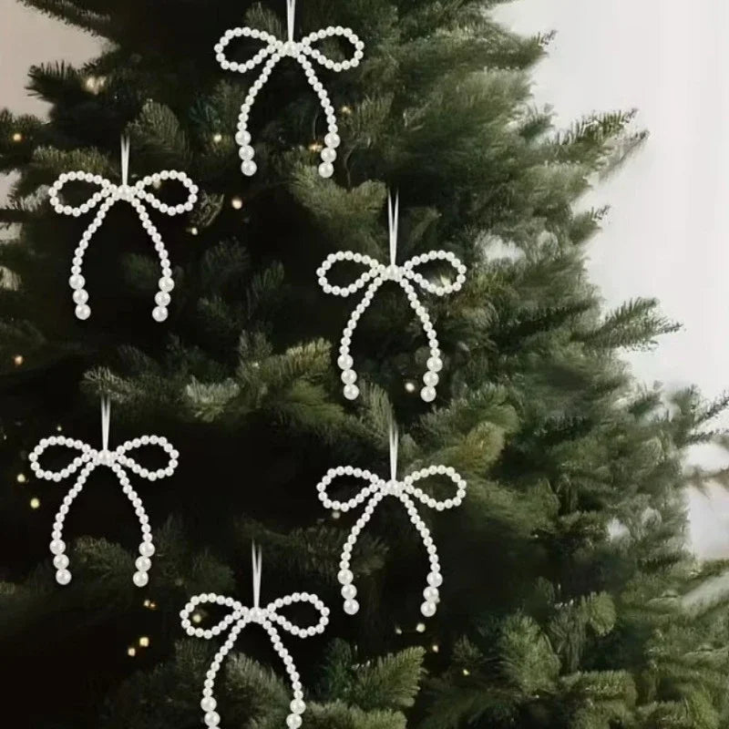 6/12pcs Xmas Tree Hand Woven Imitation Pearl Bow Hanging Ornaments 2025 Christmas Decoration for Home Navidad Gift New Year 2026