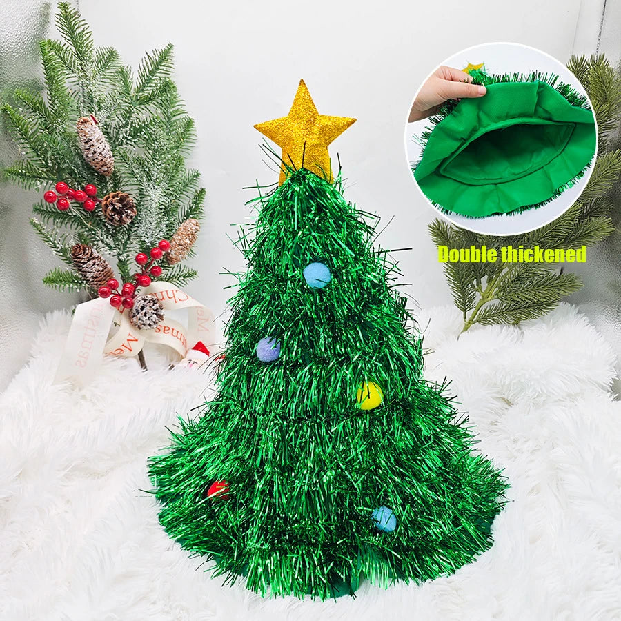 Christmas Tree Hats Fabric Rain Silk Hat for Adults Kids Funny Santa Hat with Tinsel Xmas Holiday Party Costume New Year Decor