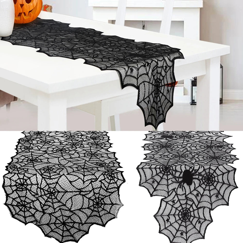 Halloween Home Party Decorations Black Lace Table Runner Spider Web Fireplace Mantel Cover Halloween Decorations Cloth Supplies