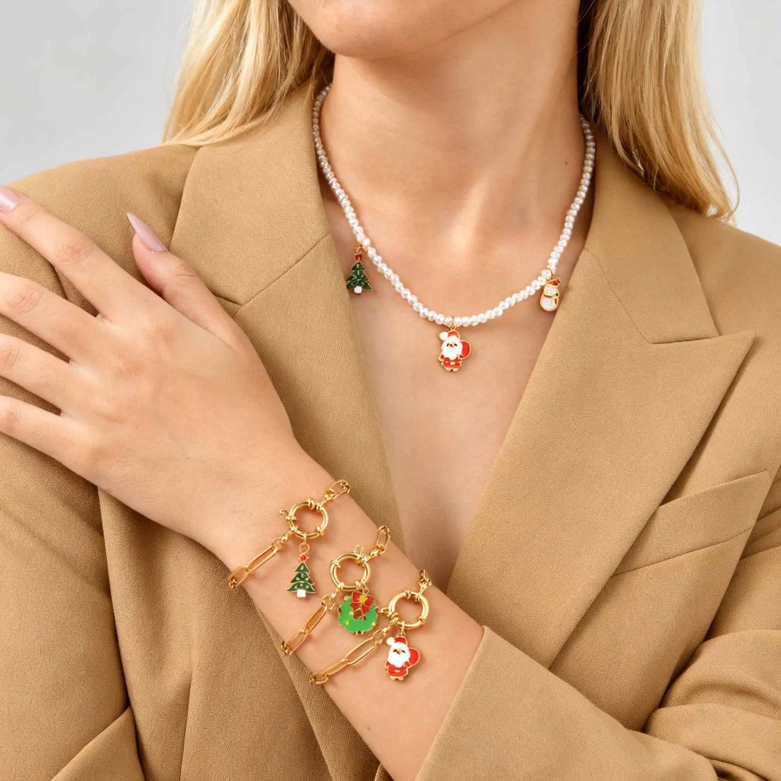 18CM Cute Santa Bubble Buckle Bracelet for Women,Gold Plated Stainless Steel Small Square Chain Bracelets,Merry Christmas Gift