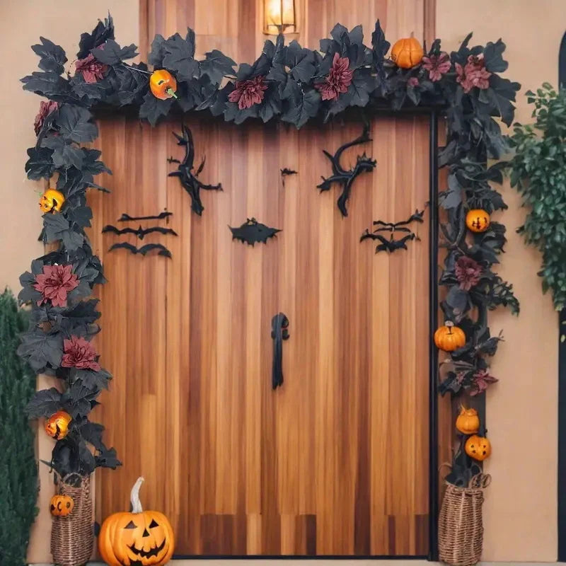 1 Halloween Wreath - 5.74ft Gothic Maple Leaves And Pumpkin Vines With Spooky Decorations To Create A Spooky Holiday And Firepla