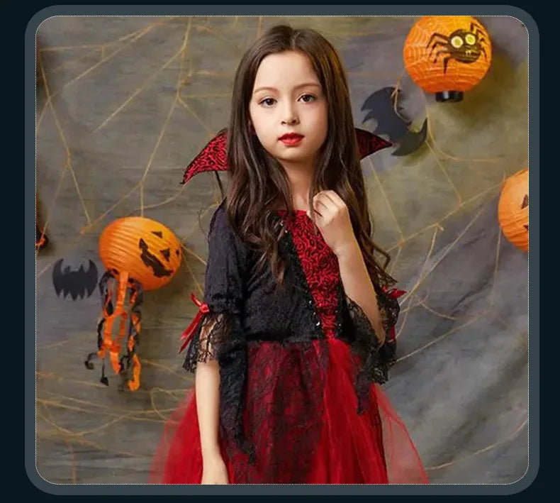 Girls Boys Vampire Dress Kid Ghost Bride Gothic Cosplay Vampire Devil Bat Halloween Costume Vampiran Carnival Outfit Clothes