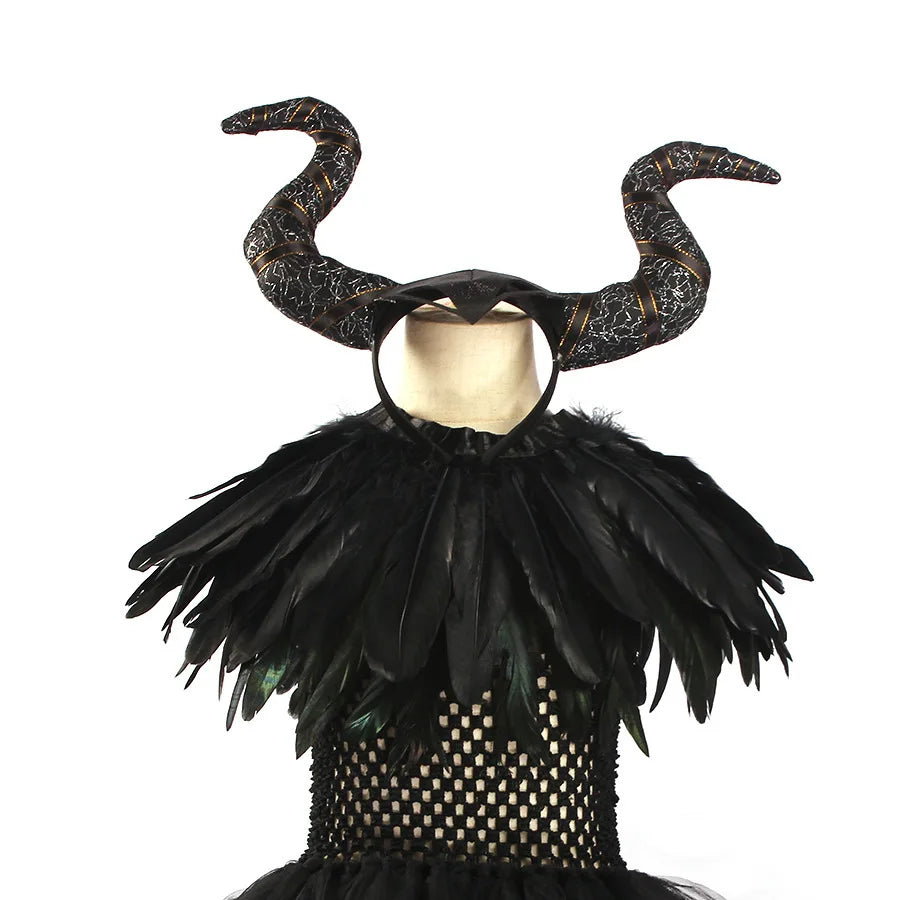 2024 New Maleficent Halloween Costume Maleficent Tulle Dress for Girls Cosplay Evil Queen Black Mesh Princess Dress Kids
