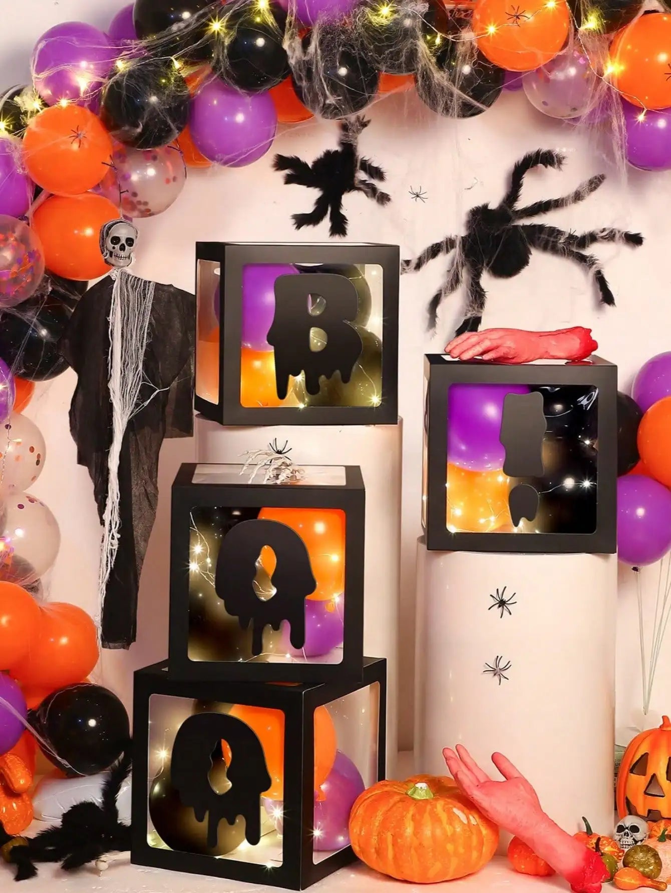 4Pcs Halloween Balloon Boxes with 4 black “BOO!” letter，Balloon Arch Decor for Halloween Party Decorations Shower Decoration