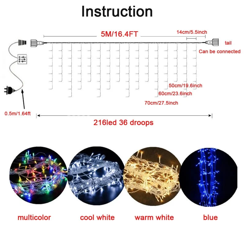 Christmas Decoration 2024/2025 icicle Led Curtain Lights for Outdoor Droop 0.4/0.5/0.6M Christmas Lights for home New Year 2025