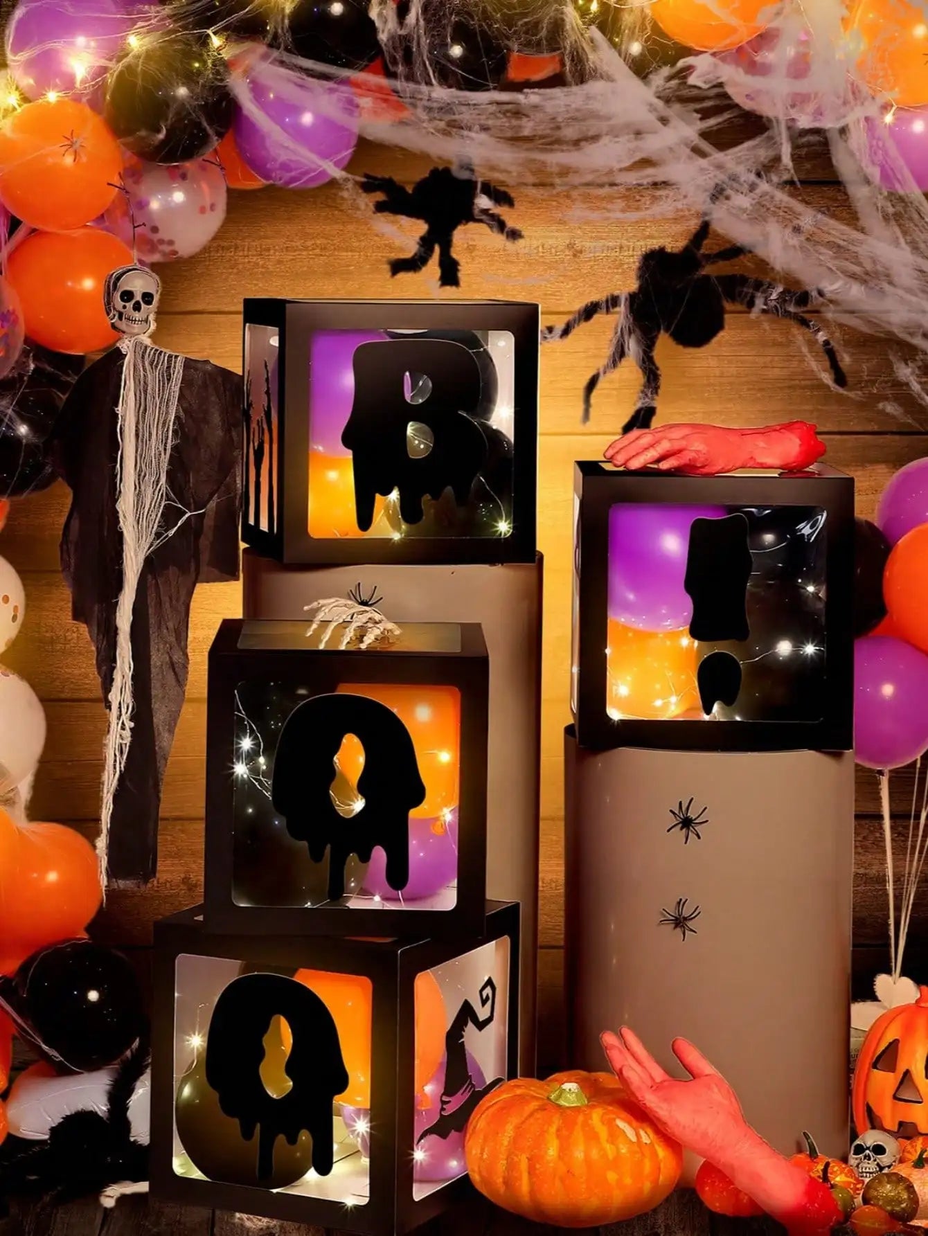 4Pcs Halloween Balloon Boxes with 4 black “BOO!” letter，Balloon Arch Decor for Halloween Party Decorations Shower Decoration