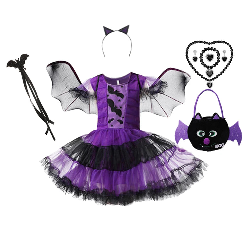 Girls Purple Bat Dress Kids Fancy Cosplay Vampire Demon Costume With Wing Headwear Halloween Carnivat Witch Role Play Clothes