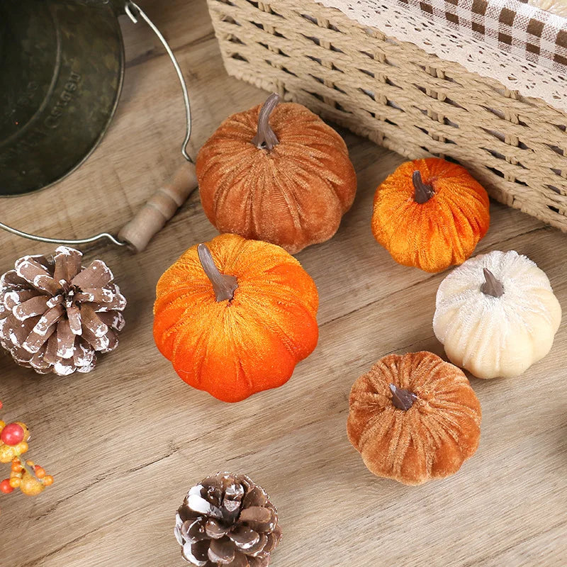9pcs 3 Size Velvet Artificial Pumpkins Mixed for Halloween Party Thanksgiving Home Table Decoration Autumn Fall DIY Craft Wreath