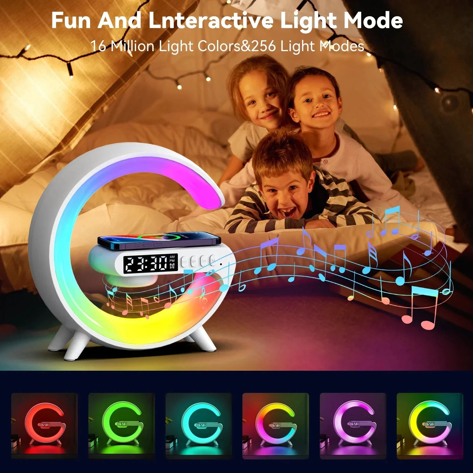 Multifunction Stand Speaker Wireless Charger Pad RGB Light Alarm Clock Speaker For iPhone Samsung