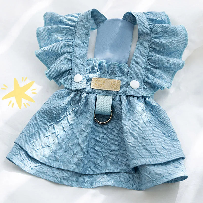 Dog Girl Dresses for Dogs Puppy Spring Clothes with Leash Ring Flying Sleeves Summer Cat Outfits Blue One Piece Chihuahua Appare