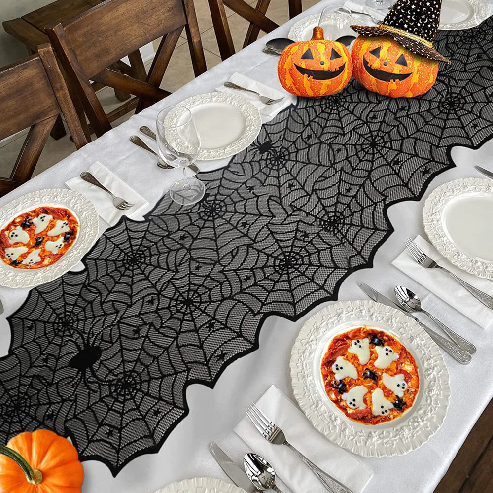 Halloween Home Party Decorations Black Lace Table Runner Spider Web Fireplace Mantel Cover Halloween Decorations Cloth Supplies