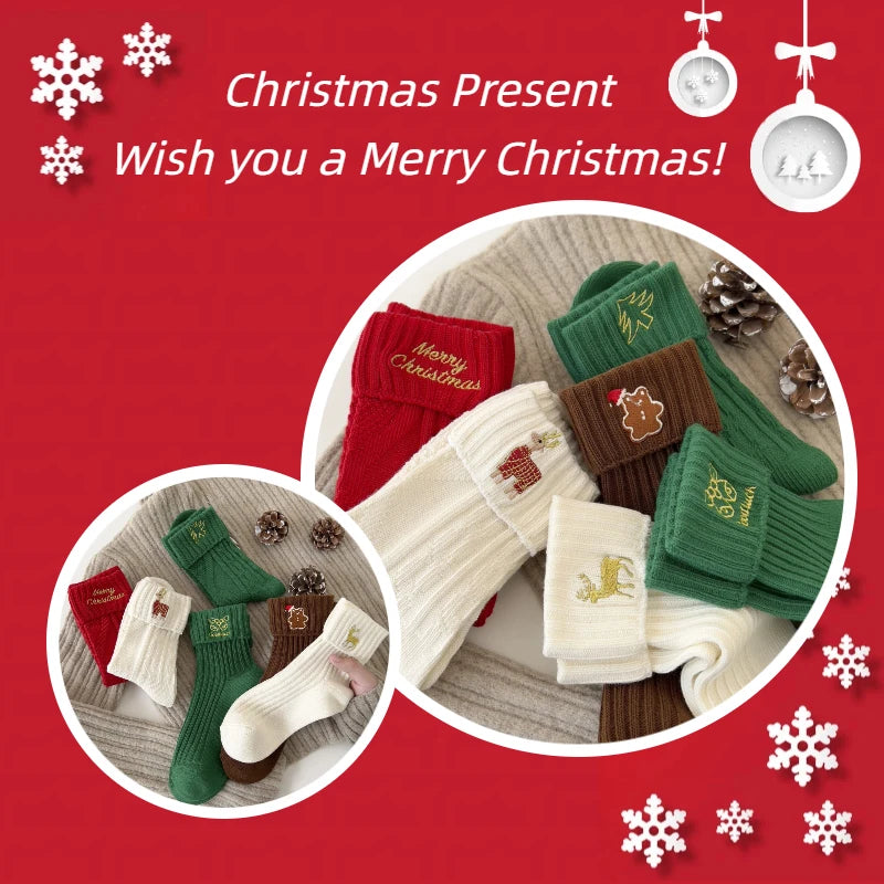 3 Pairs Cotton Cartoon Christmas Socks for Women Autumn Winter Warm Comfortable Cute Mid-tube Embroidery Merry Christmas Gifts